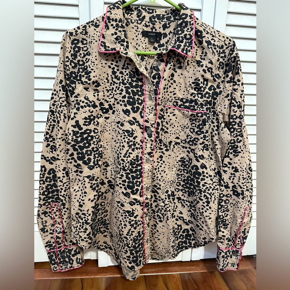 J Crew leopard linen blouse with pink satin trim - size L